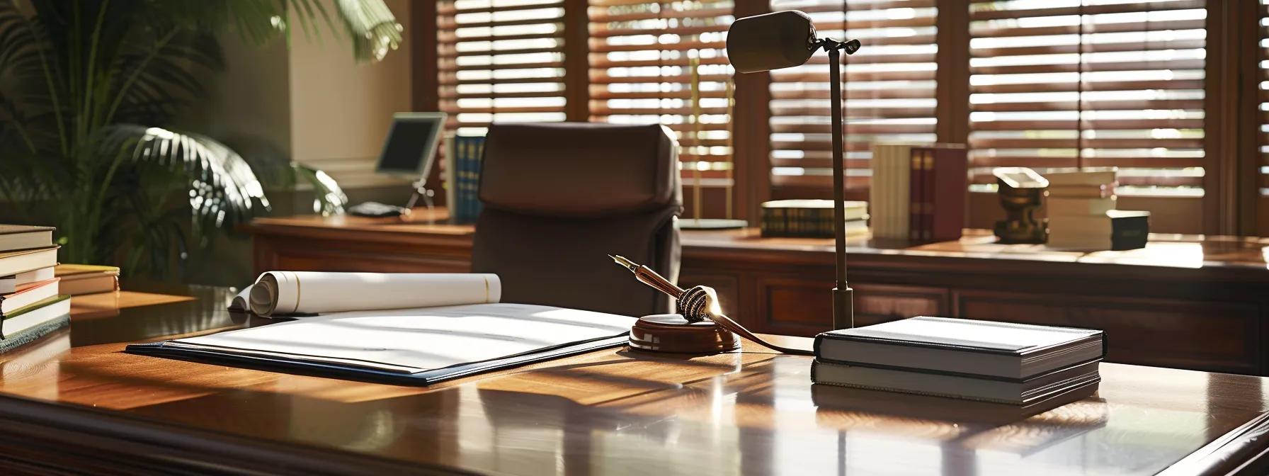 a polished law office bathed in soft, natural light, featuring a sleek wooden desk with a neatly arranged stack of legal documents and a quill pen, conveying a sense of professionalism and trustworthiness in the realm of probate law.