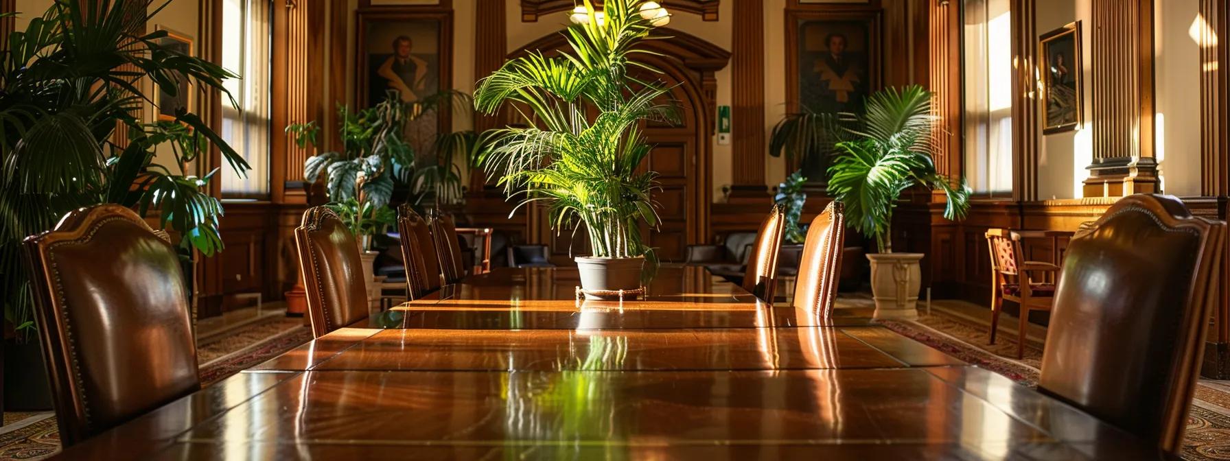 a polished law office setting featuring an elegant conference table, surrounded by plush chairs and vibrant potted plants, emphasizes the connection between estate planning and probate under the warm glow of ambient lighting.