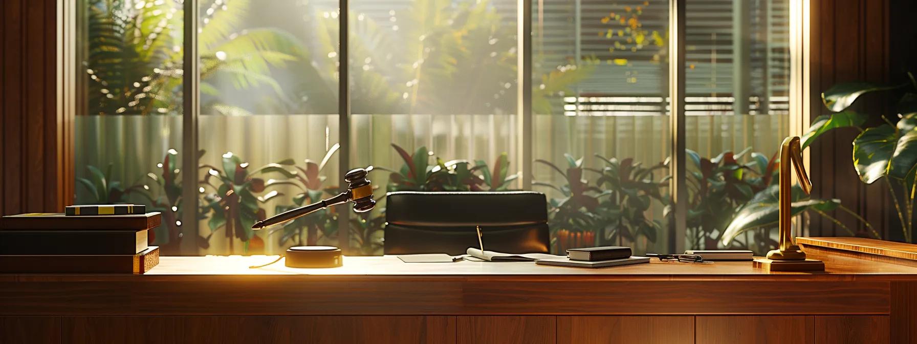 a sleek, modern law office filled with natural light, showcasing a prominent, polished wooden desk adorned with legal documents and a gavel, exuding an atmosphere of professionalism and authority.