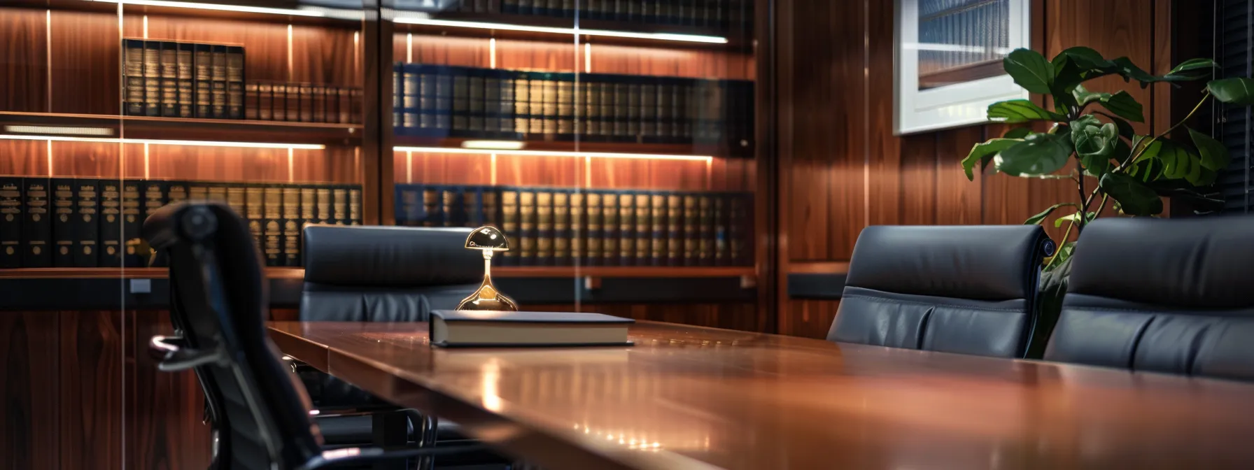 a polished law office with a sleek conference table and a backdrop of legal books, illuminated by warm recessed lighting, emphasizes the professionalism and expertise of orlando probate attorney services.