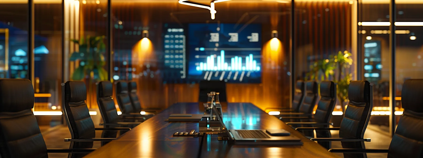 a sleek law office conference room features a polished wooden table surrounded by modern leather chairs, illuminated by warm overhead lighting, while a large screen displays a visually engaging infographic contrasting trust and probate processes, reflecting an atmosphere of professionalism and clarity.
