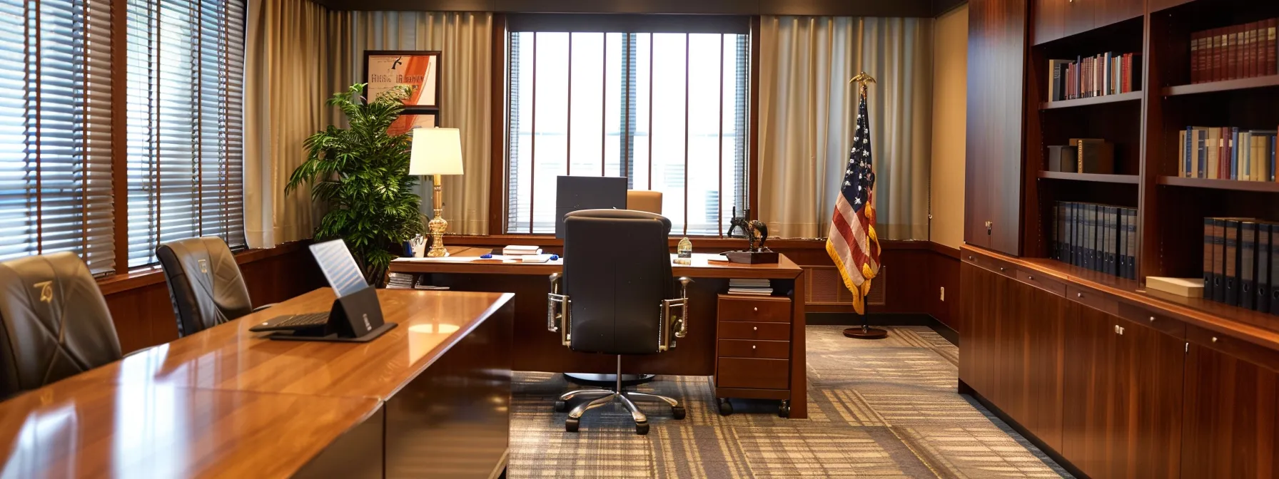 a sleek law office interior showcases a polished conference table with legal documents and a laptop, as a focused discussion unfolds between two professionals debating the intricacies of trust versus probate.