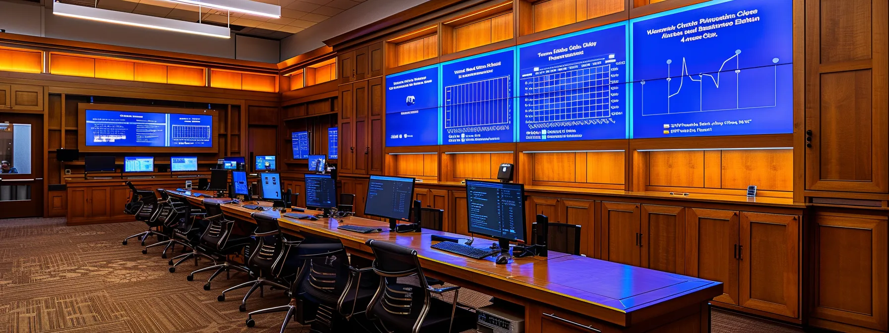 a sophisticated law office with sleek wooden desks and modern conference chairs, featuring a large digital screen displaying a visual comparison of trust administration and the probate process, illuminated by soft, focused lighting for a polished and professional atmosphere.