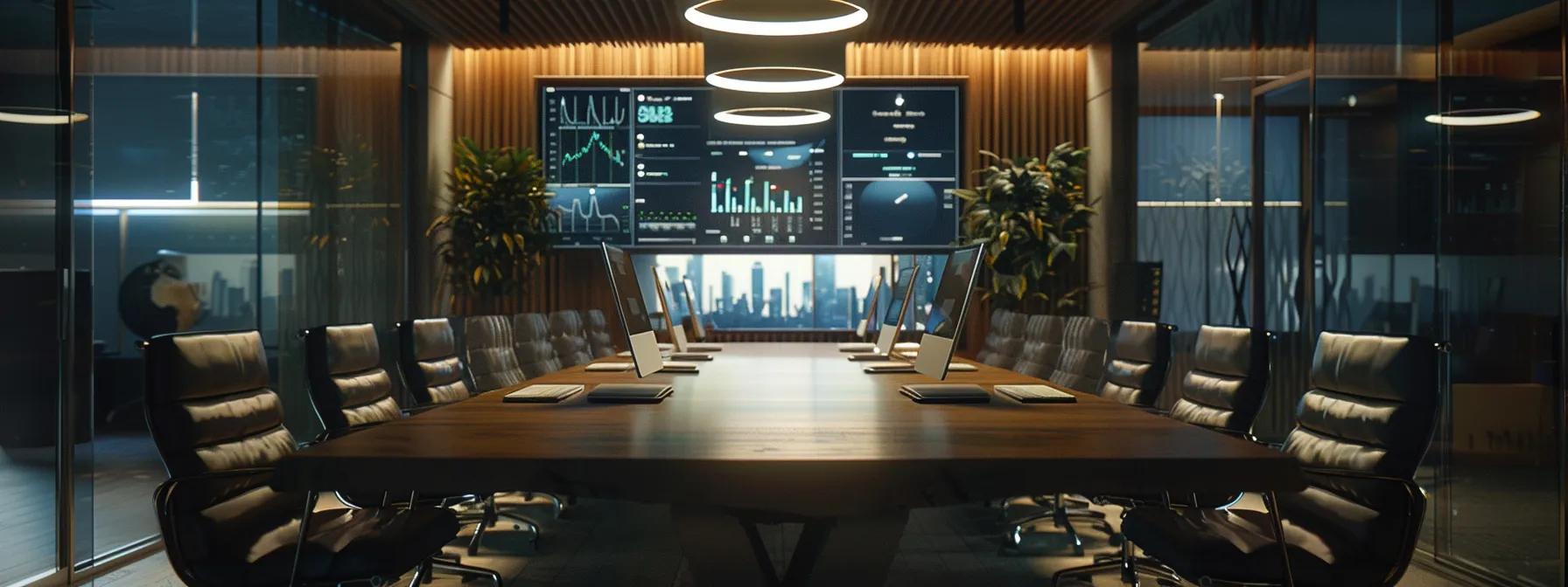 a sleek law office conference room, featuring a polished wooden table surrounded by modern ergonomic chairs, illuminated by overhead lights, where a professional is presenting a compelling argument contrasting trust administration and the probate process, emphasized through clear charts on a digital screen.